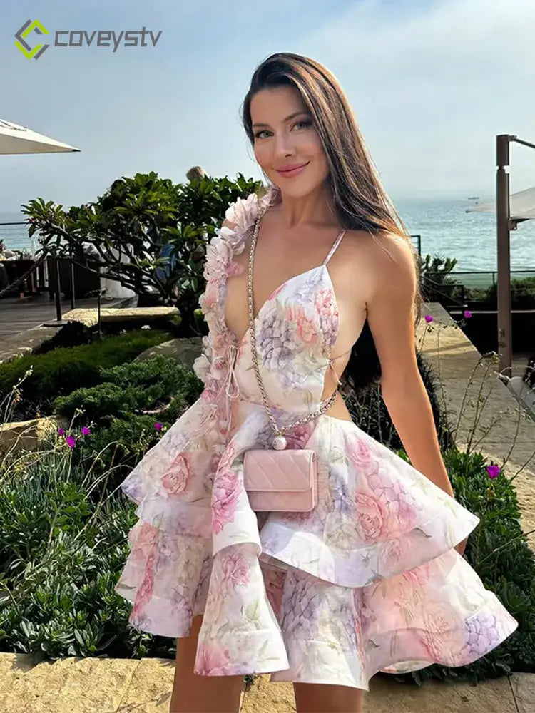 3D Floral Halter Layered V Neck Mini Dress