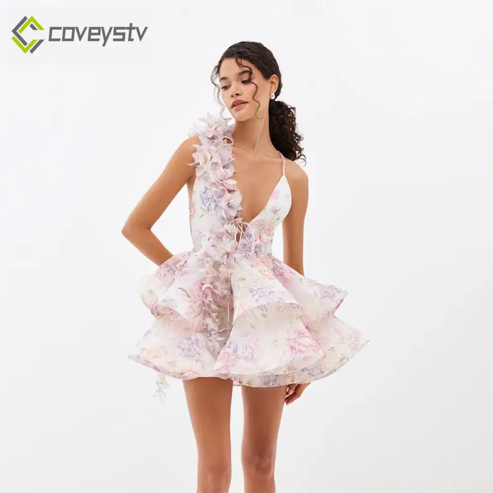 3D Floral Halter Layered V Neck Mini Dress - Pink / S
