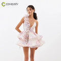 3D Floral Halter Layered V Neck Mini Dress - Pink / S