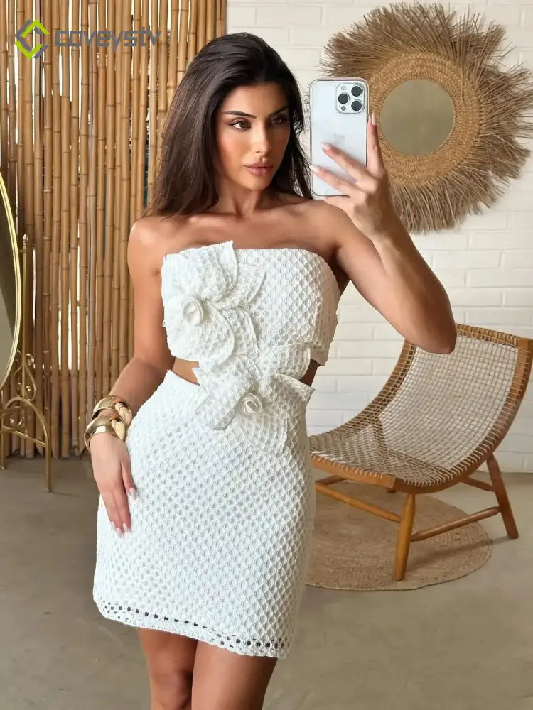 3D Flower Cutout Strapless Mini Dress - white / S