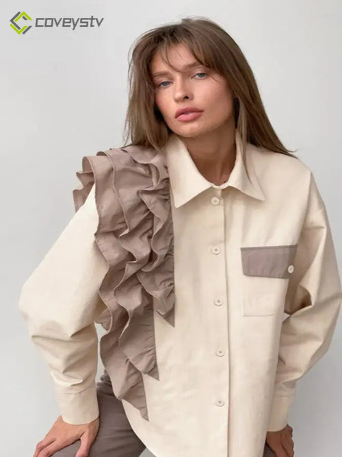 Asymmetrical Color Block Blouse - Apricot / S