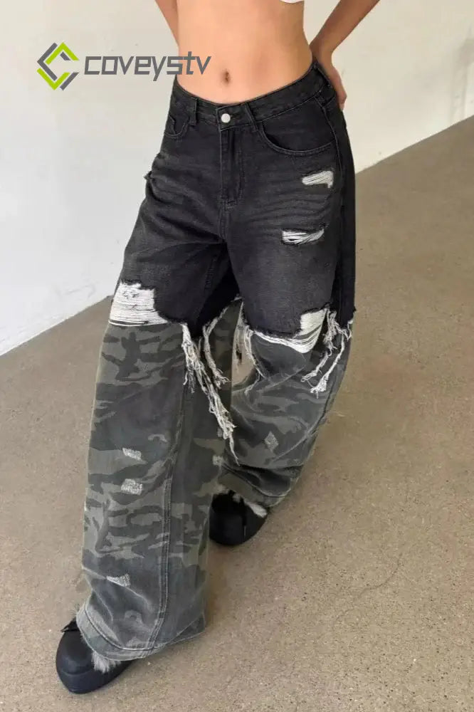 Camouflage Patchwork Baggy Wide-Leg Jeans
