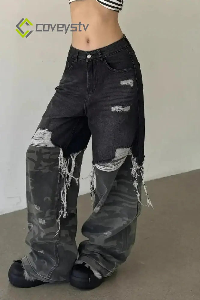 Camouflage Patchwork Baggy Wide-Leg Jeans