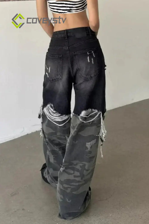 Camouflage Patchwork Baggy Wide-Leg Jeans
