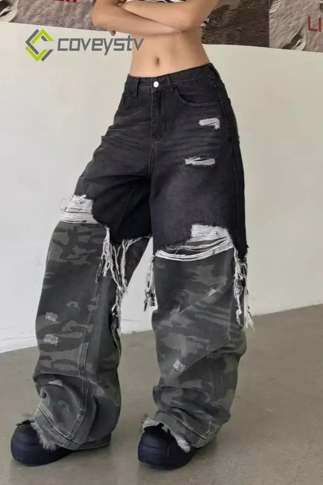 Camouflage Patchwork Baggy Wide-Leg Jeans - Black / S