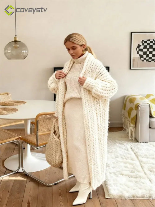 Chunky Knit Openwork Cardigan - Beige / S