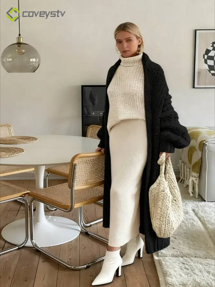 Chunky Knit Openwork Cardigan - Black / S