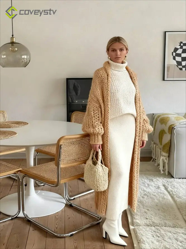 Chunky Knit Openwork Cardigan - Khaki / S