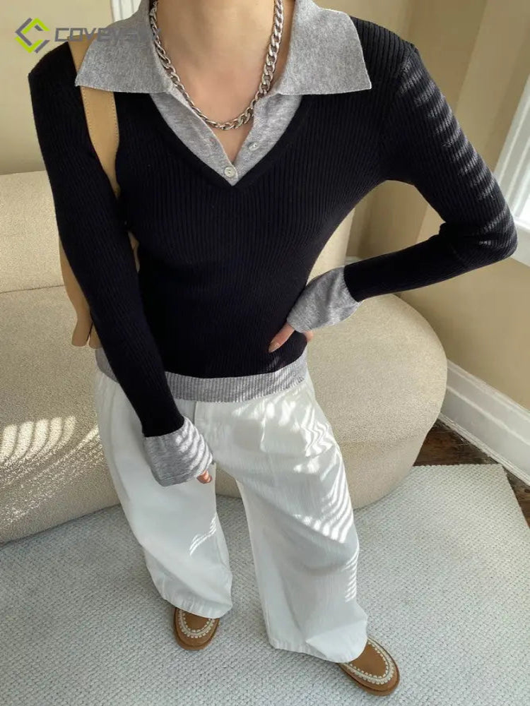 Color Block Faux Two Piece Collar Slim Knit Blouse
