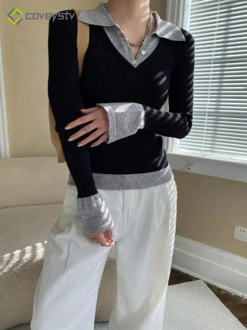Color Block Faux Two Piece Collar Slim Knit Blouse - Black / One size