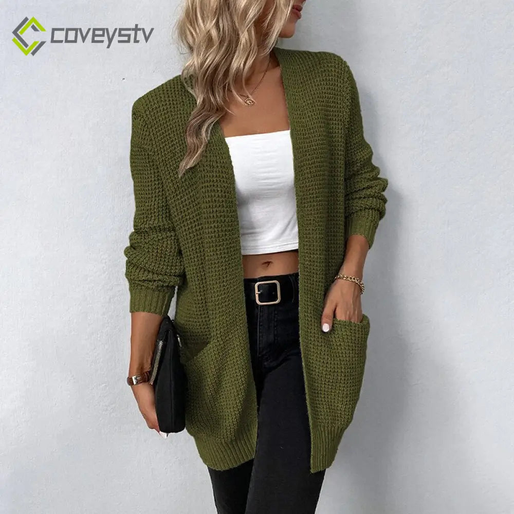 Color Pockets Long Cardigan - Army Green / S