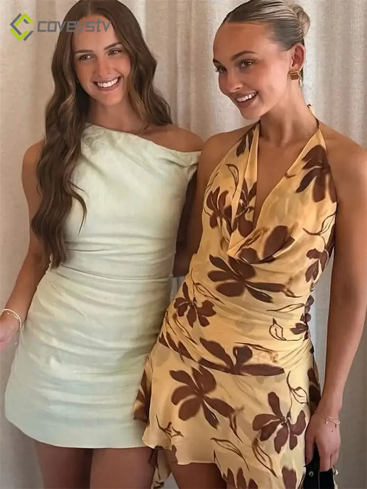 Contrast Print Lace-Up V Neck Mini Dress