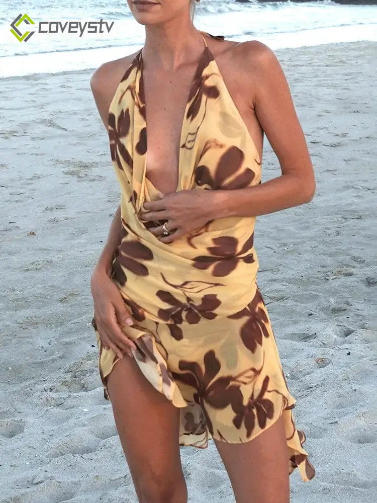Contrast Print Lace-Up V Neck Mini Dress - Yellow / S
