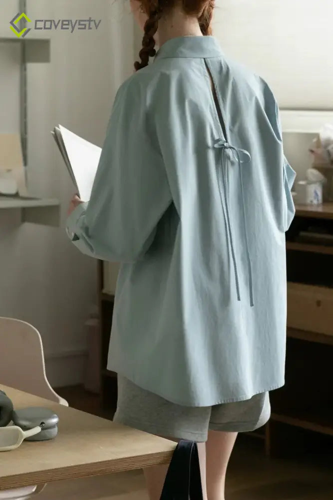 Cotton Oversized Lazy Unique Design Blouse - Blue / S
