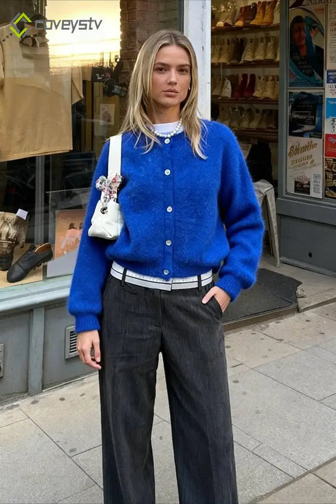 Cropped Knit Button Cardigan - Blue / S