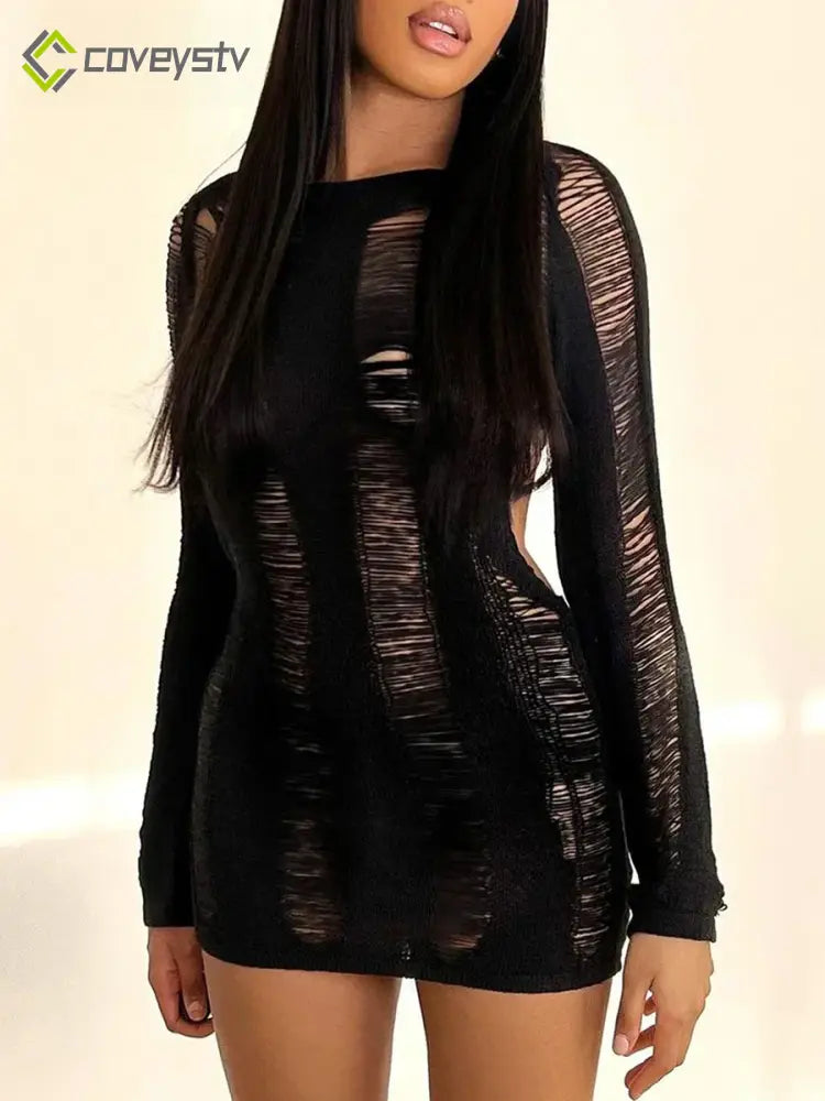 Cutout Knit Long Sleeve Wrap Mini Dress - black / S