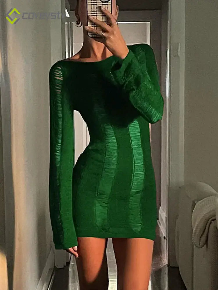 Cutout Knit Long Sleeve Wrap Mini Dress - green / S