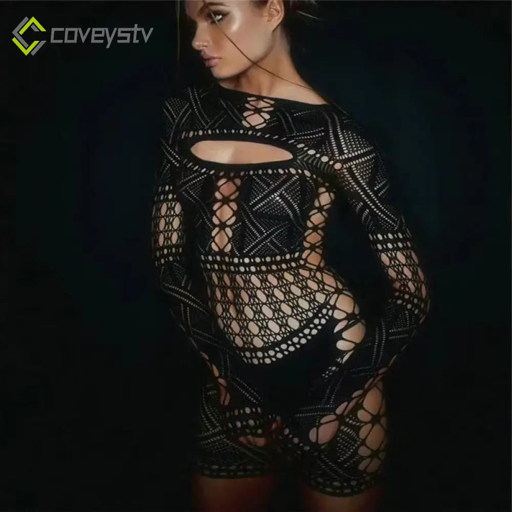 Deep V Lace Tight Hollow Party Mini Dress - Black / One Size