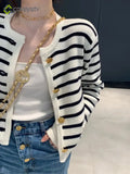 Fashion White Black Striped Knitted Female Winter Short Long Sleeve Cardigan - Black / One Size