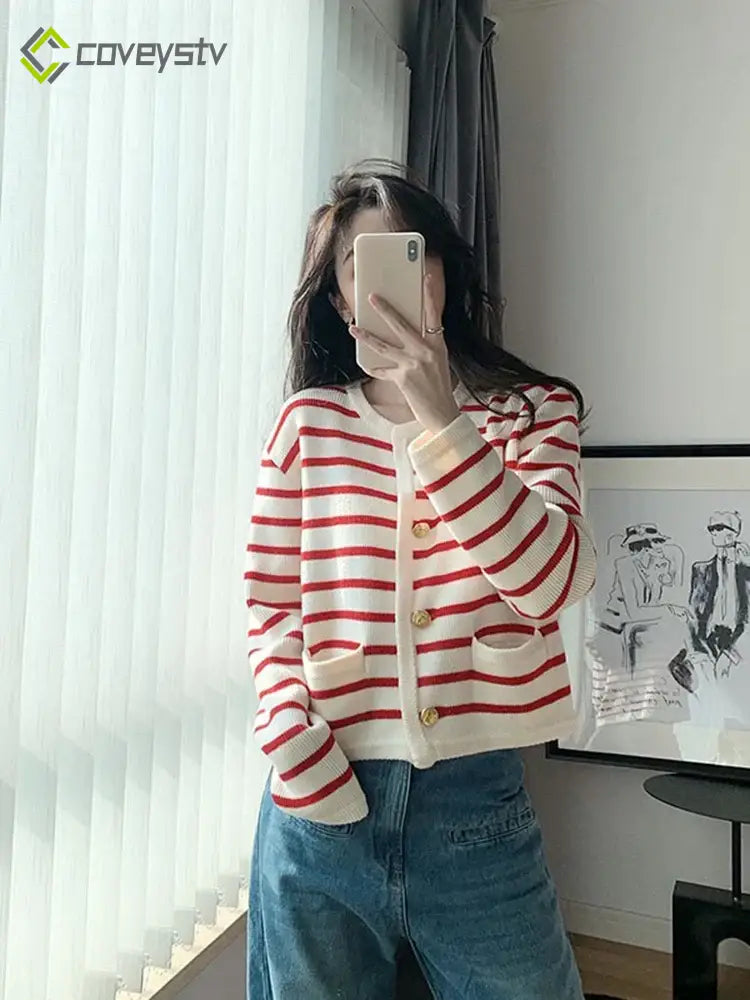 Fashion White Black Striped Knitted Female Winter Short Long Sleeve Cardigan - Red / One Size