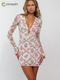 Floral Flare Sleeve V Neck Mini Dress - Light Pink / S