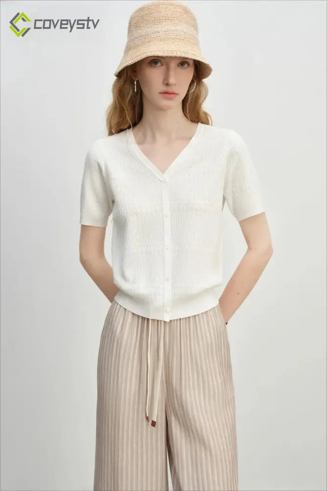 French Knit V-Neck Short Sleeve Cardigan