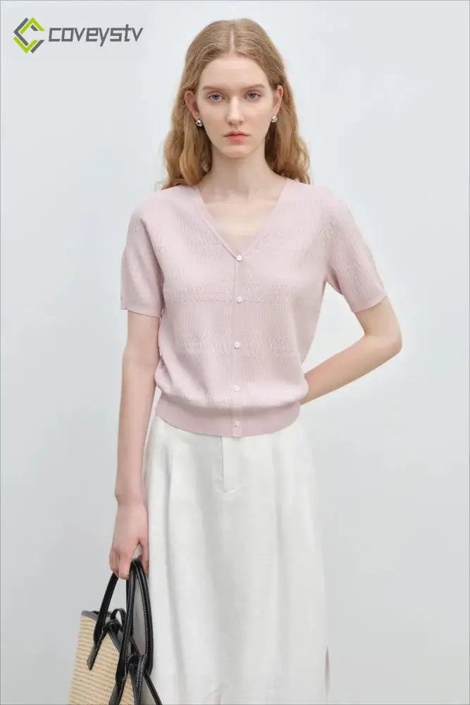 French Knit V-Neck Short Sleeve Cardigan