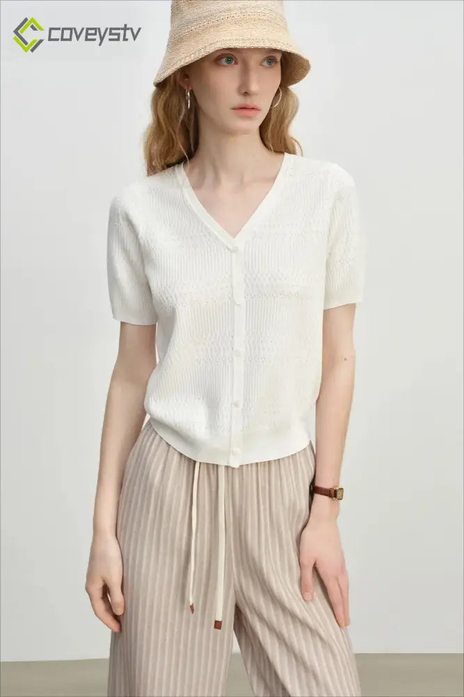 French Knit V-Neck Short Sleeve Cardigan - WHITE / S