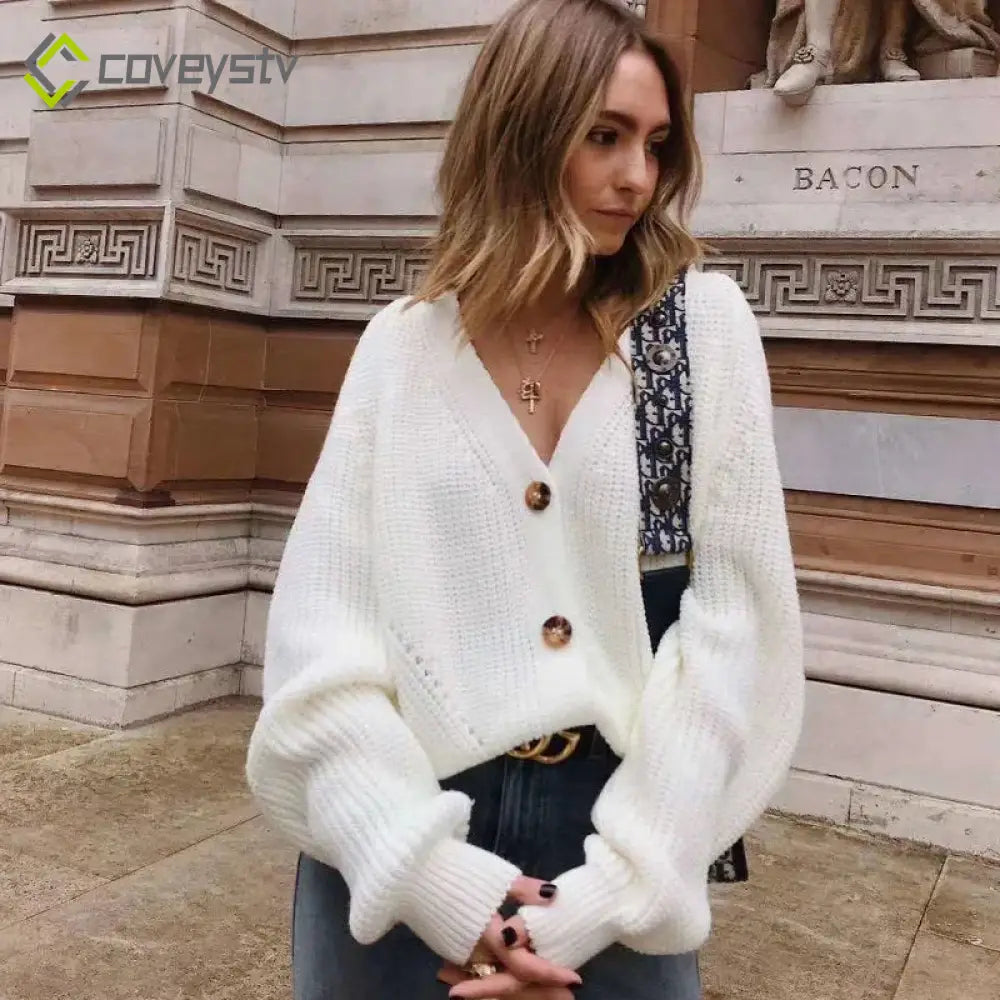 Grey Cozy Soft Knit Button V-Neck Basic Autumn Winter Cardigan - Beige / One Size