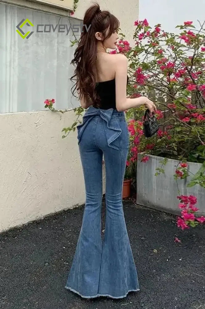 High Waist Butterfly Knot Flare Jeans - Blue / M