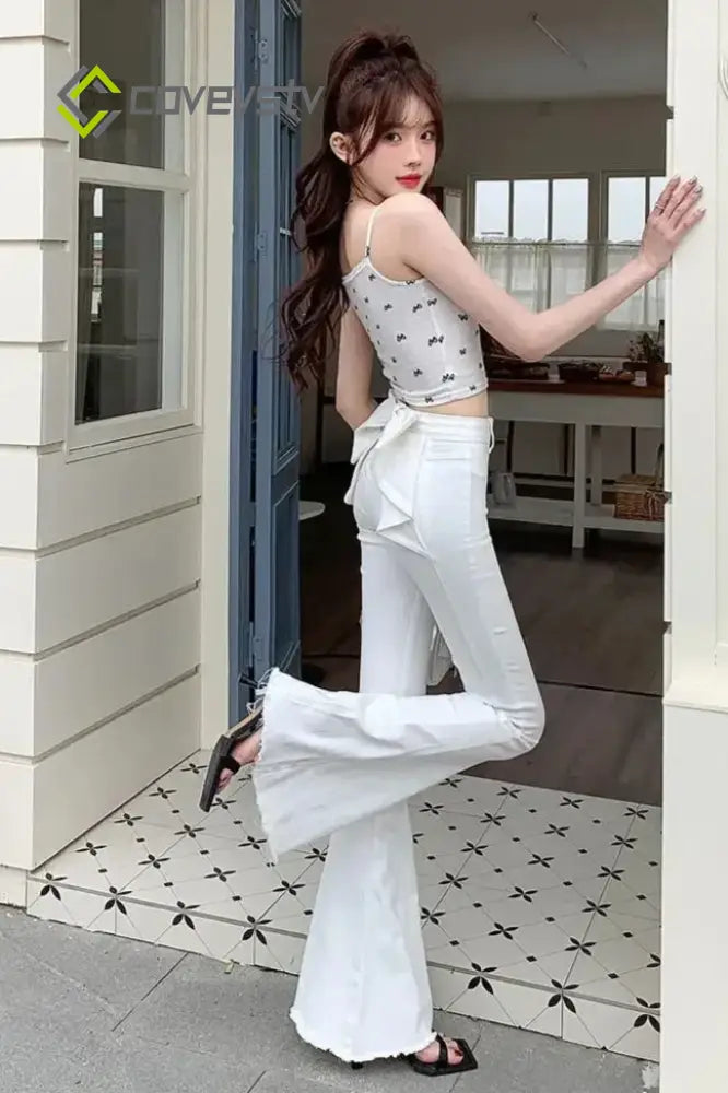 High Waist Butterfly Knot Flare Jeans - WHITE / M