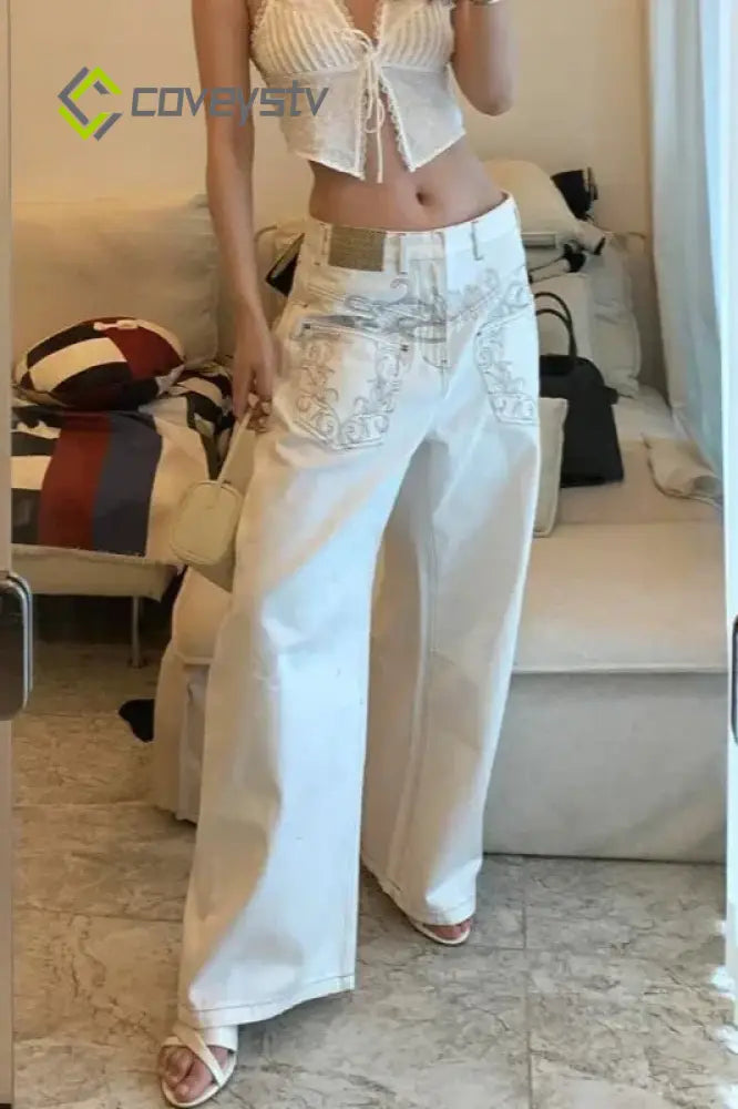 High Waist Printed Patchwork Jeans - White / S