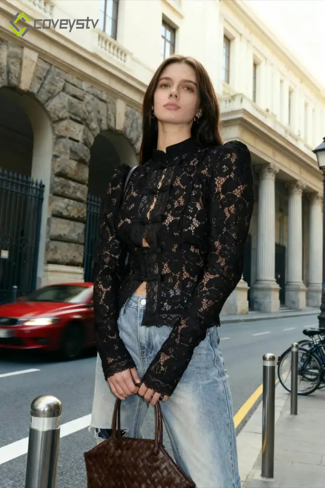 Lace Hollow See-Through Cardigan - Black / S