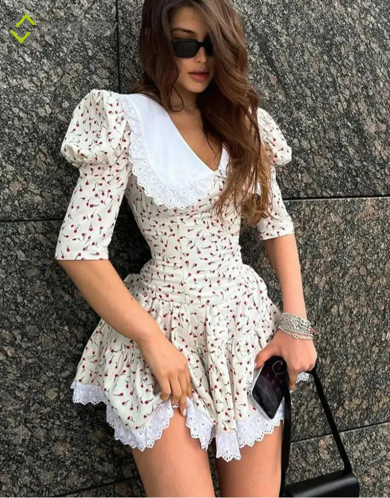 Lace Patchwork Doll Collar Mini Dress - Beige / S