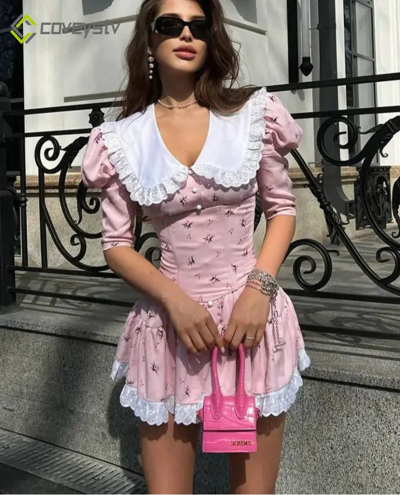 Lace Patchwork Doll Collar Mini Dress - Pink / S