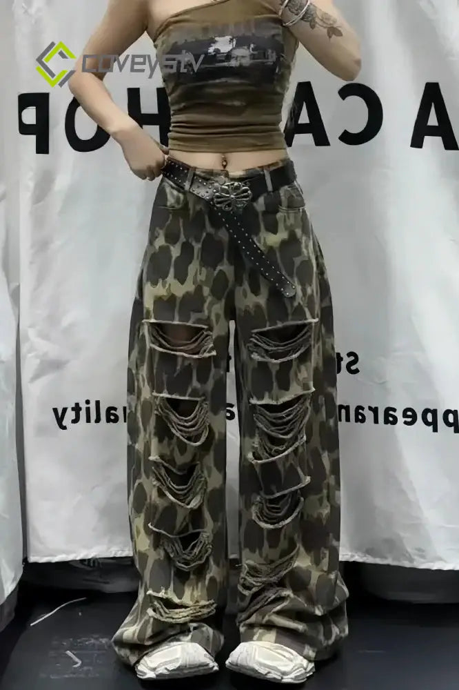 Leopard Ripped Wide Leg Jeans