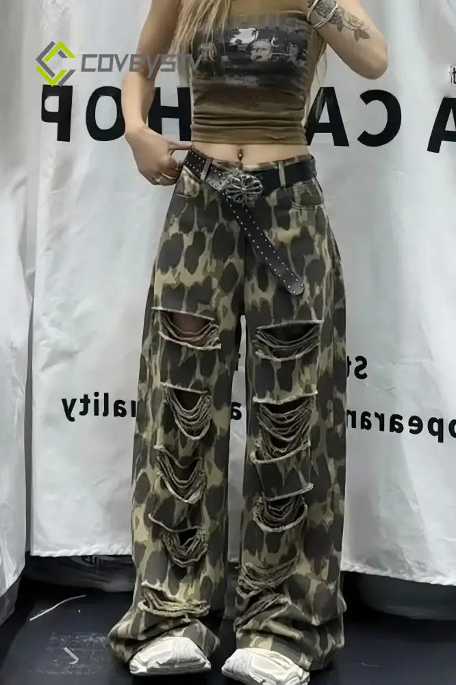 Leopard Ripped Wide Leg Jeans