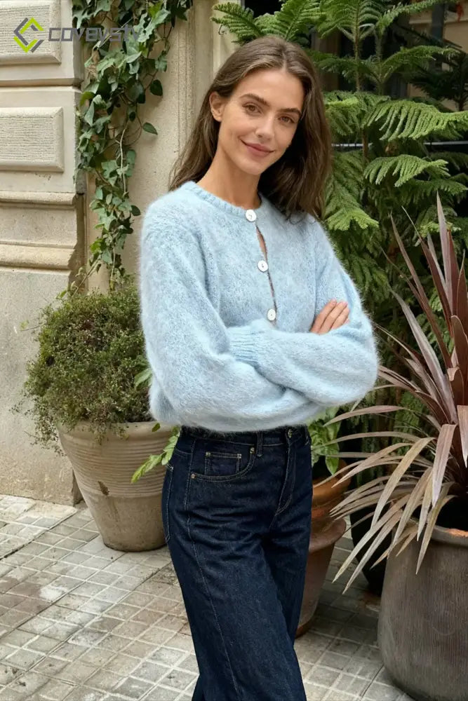 Lightweight Long Sleeve Solid Knit Cardigan - blue / S