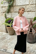 Lightweight Long Sleeve Solid Knit Cardigan - pink / S