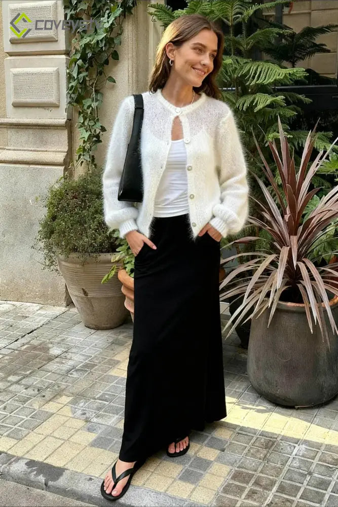 Lightweight Long Sleeve Solid Knit Cardigan - white / S