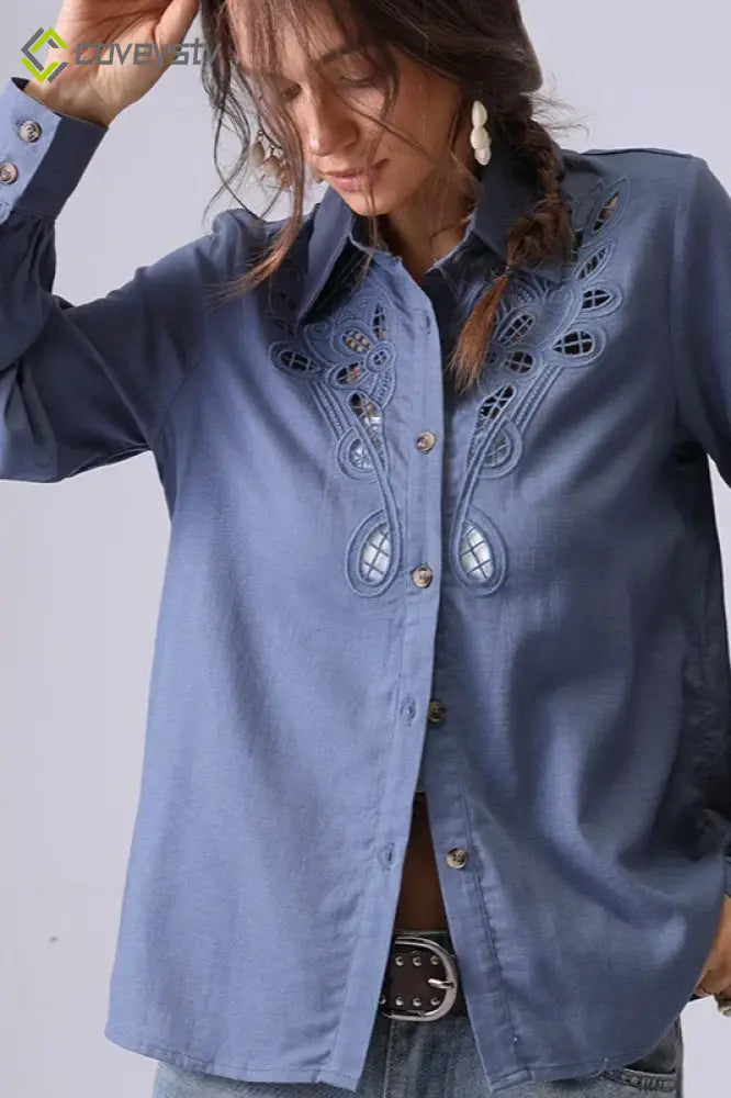 Linen Crochet Embroidered Chic Design Fashion Blouse - Blue / S/M