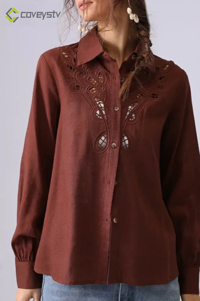 Linen Crochet Embroidered Chic Design Fashion Blouse - Brown / S/M