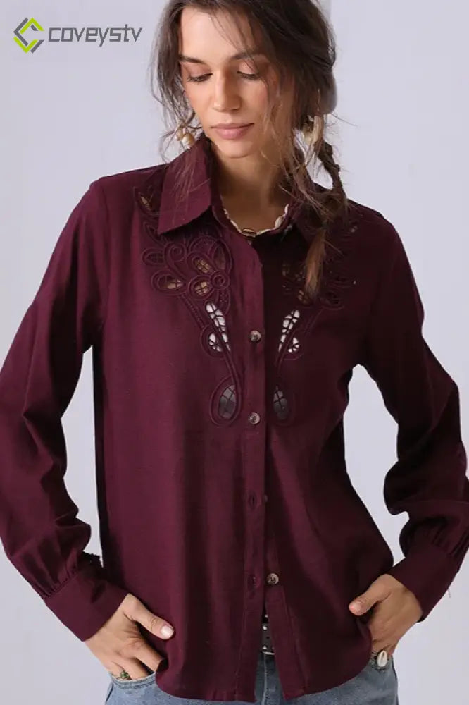 Linen Crochet Embroidered Chic Design Fashion Blouse - Red / S/M