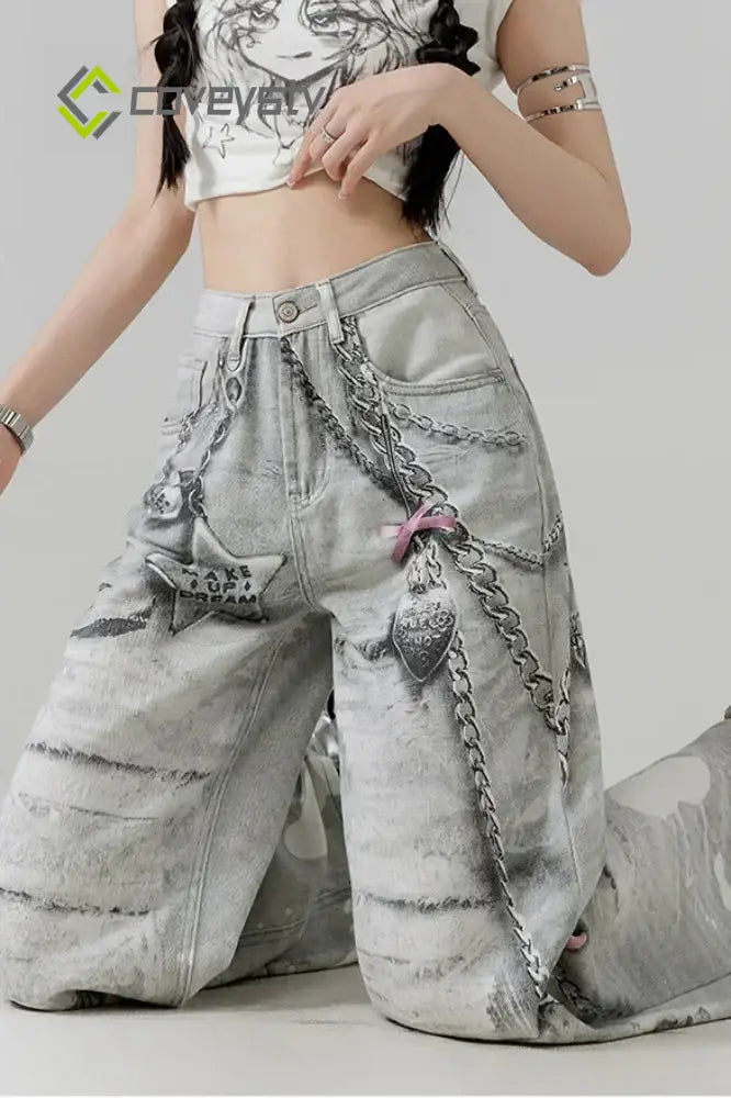 Metal Love Chain Straight Leg Jeans