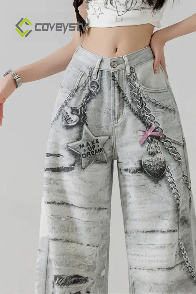 Metal Love Chain Straight Leg Jeans