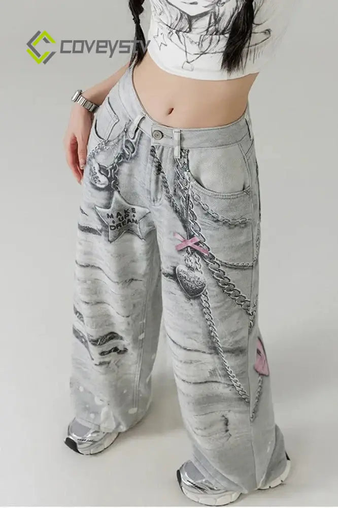 Metal Love Chain Straight Leg Jeans