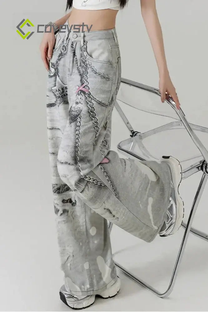 Metal Love Chain Straight Leg Jeans