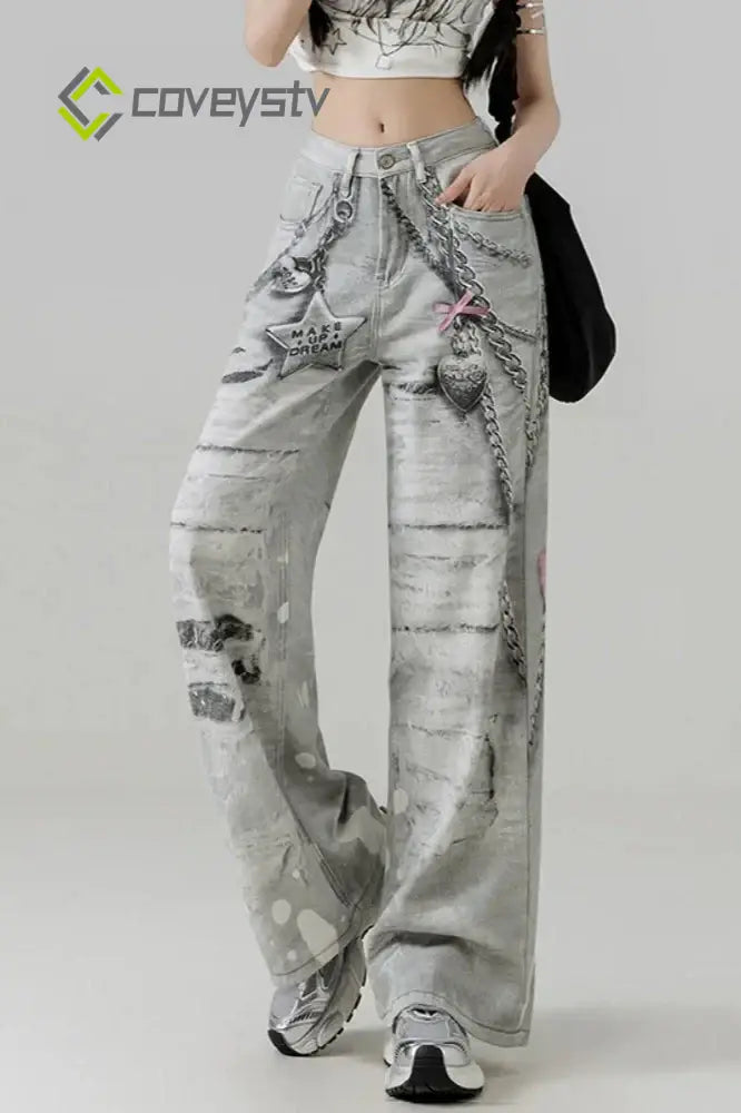 Metal Love Chain Straight Leg Jeans - Grey / S