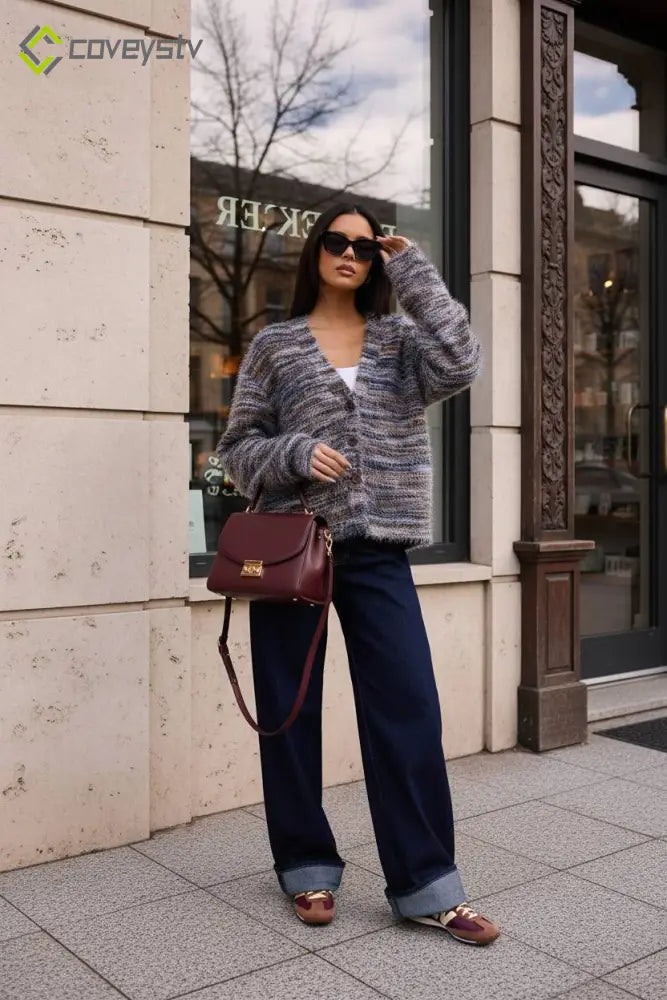 New Retro Fashion Deep V-Neck Maillard Plush Long-Sleeve Knit Cardigan
