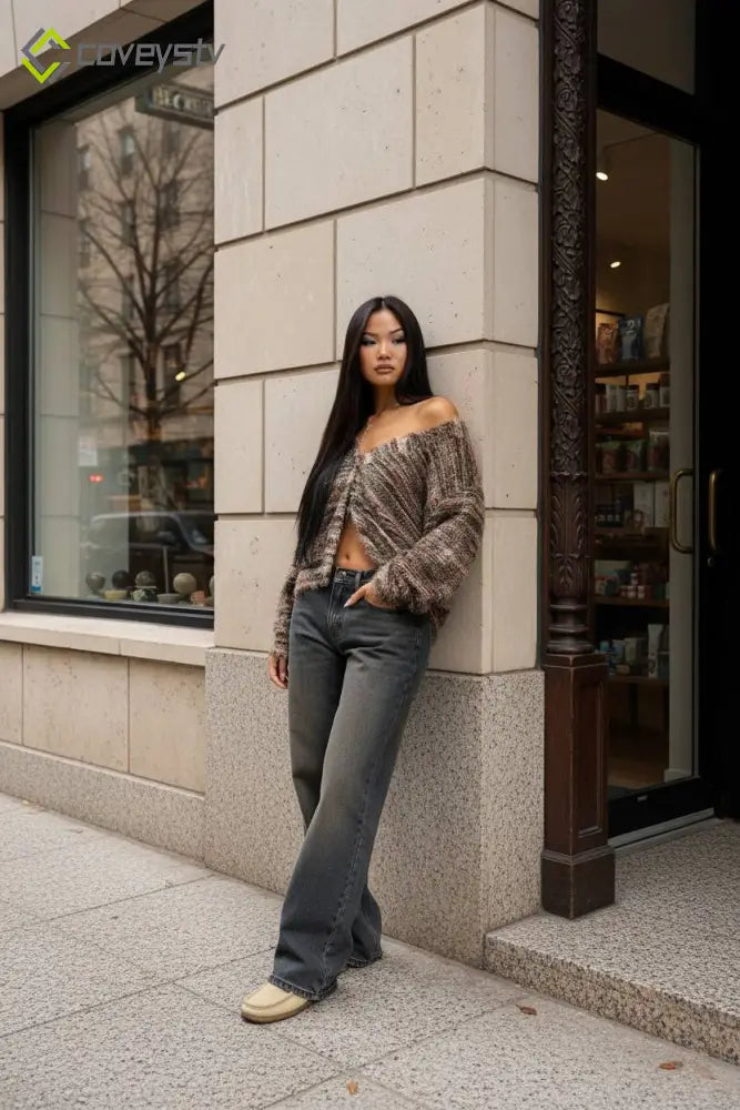 New Retro Fashion Deep V-Neck Maillard Plush Long-Sleeve Knit Cardigan